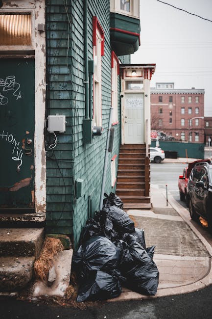 A pile of tightly gathered black rubbish bags is positioned at the base of a green wooden building with a weathered exterior, next to a small set of wooden stairs leading up to a white front door and an overhanging porch. The bags are placed on a concrete pavement adjacent to a narrow sidewalk, with a damp patch visible near a small patch of dried grass and ice melt residue at the bottom left. Behind the rubbish, electrical wires are attached to the building's wall, with utility boxes and cables visible on the facade. To the right, parked cars are on the street, with one black vehicle positioned closest to the rubbish, and a larger brick building with multiple windows in the background, under a cloudy sky. The scene is lit by overcast natural light, depicting an outdoor setting suitable for private refuse collection or rubbish removal services, such as those offered by Rubbish Removal Lewisham, consistent with on-site waste clearance activities.